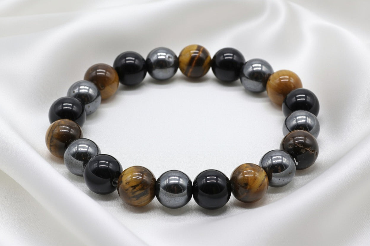 Bracelet Protection Obsidienne Noire, Hematite, Oeil de Tigre perles