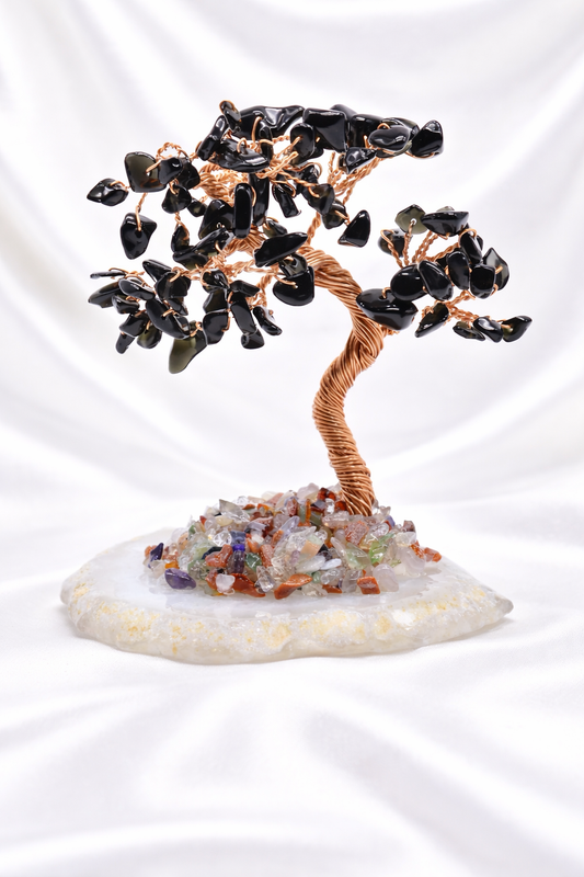 Arbre du Bonheur Obsidienne Noire sur Tranche Agate 12cm