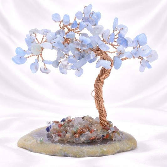 Arbre du Bonheur Aigue Marine sur Tranche Agate 12cm