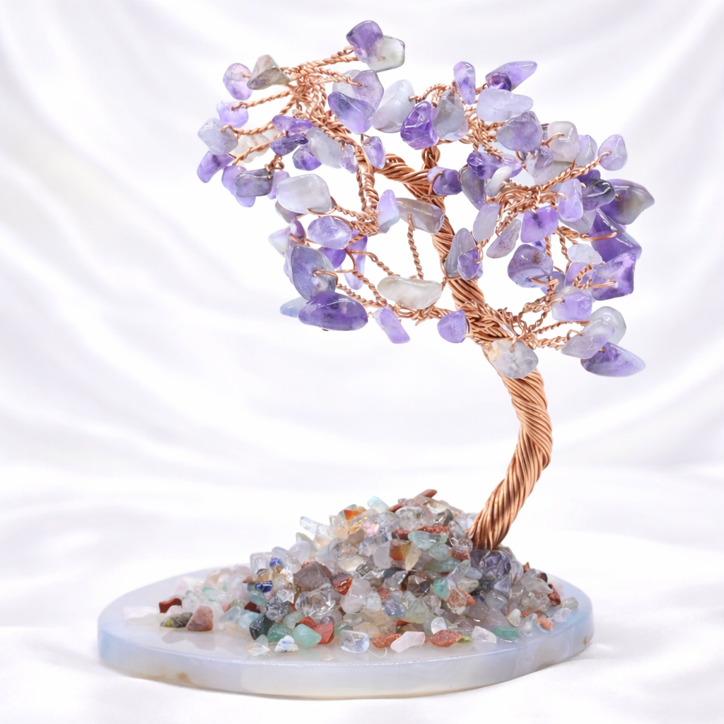 Arbre du Bonheur Améthyste sur Tranche Agate 12cm